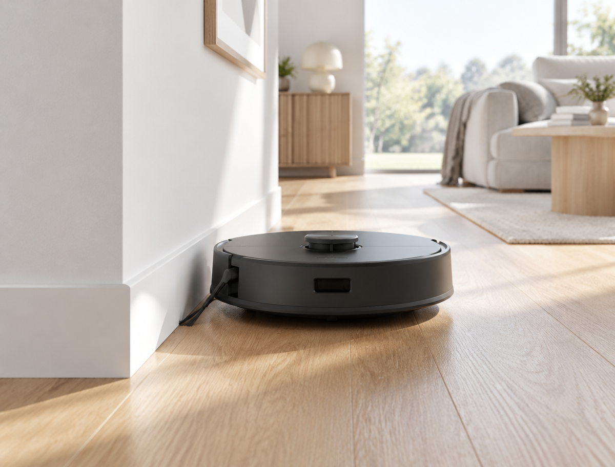 Roborock Saros 20 reaching the corner of a modern living room