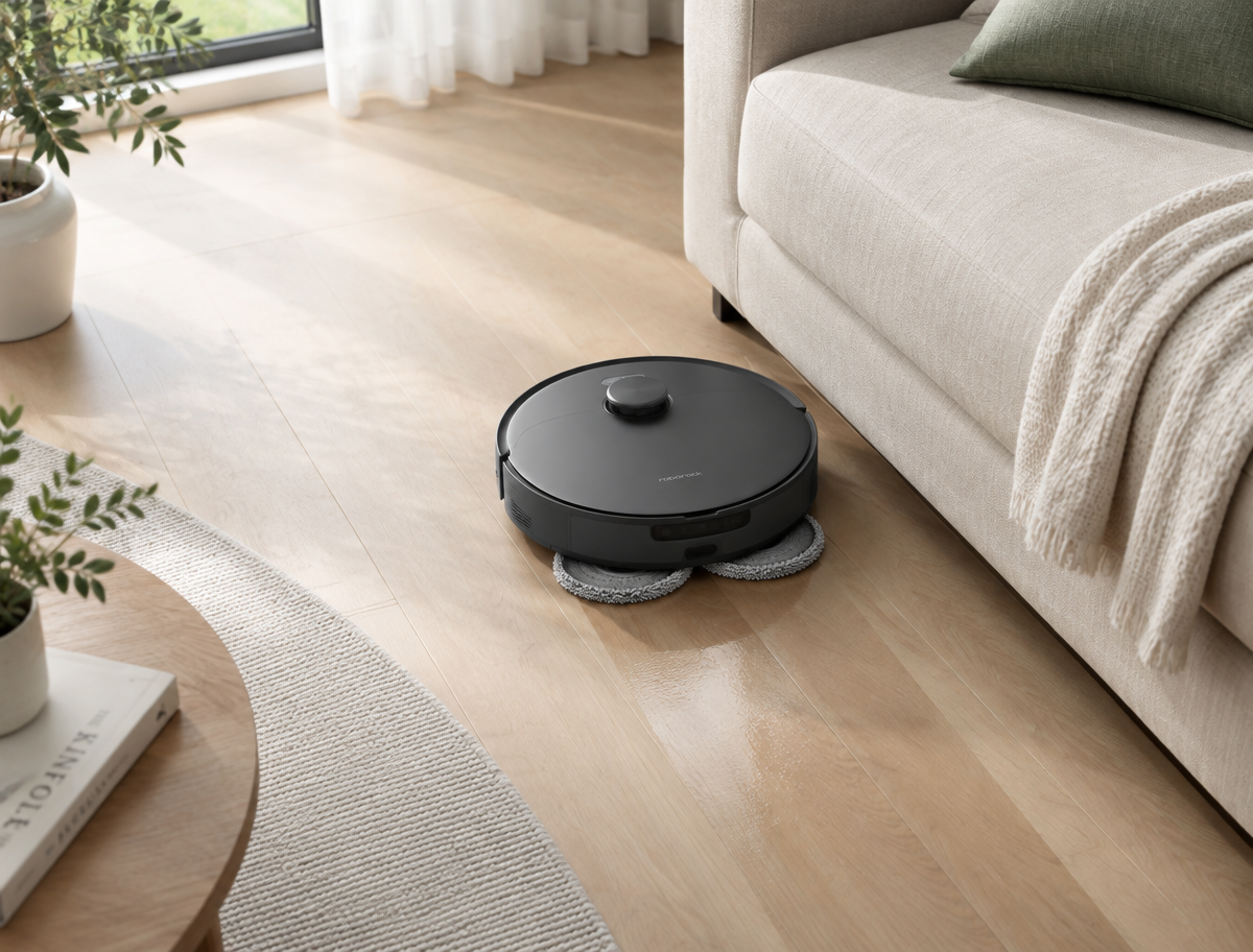 Roborock Saros 20 mopping hardwood floor with rotating mop pads